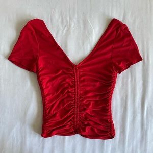 Forever 21 - Red Short-Sleeve Ruched Crop-Top